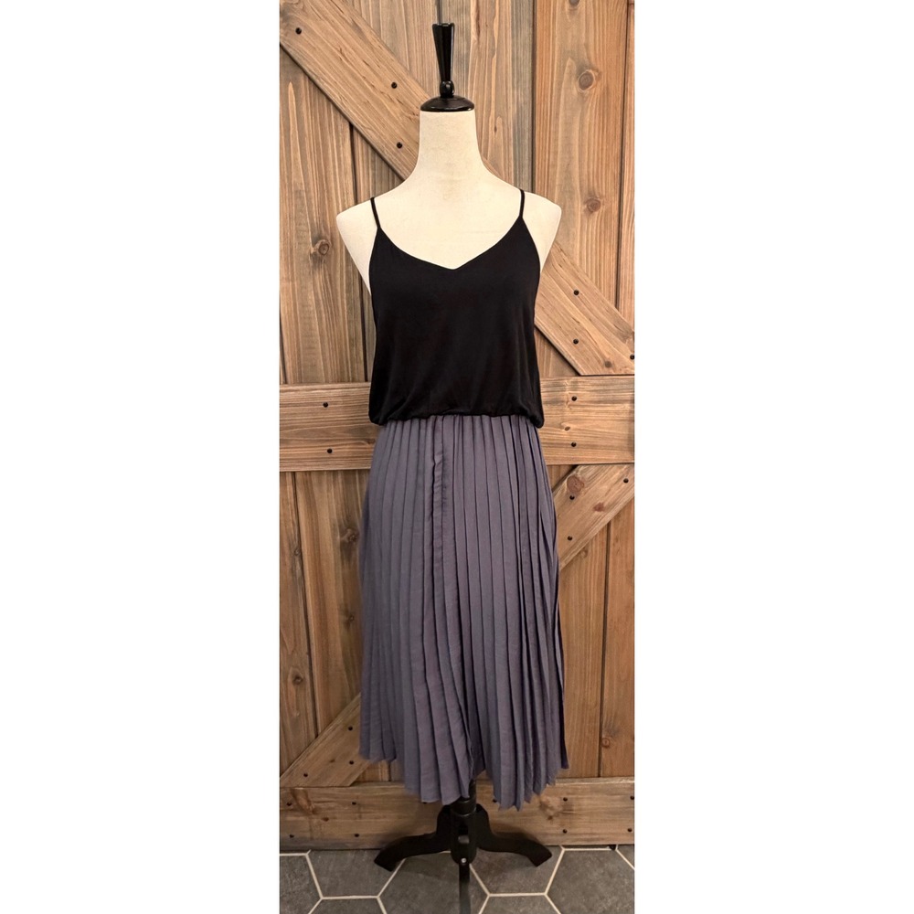 LOFT Ann Taylor Black Grey Pleated Cami Midi‎ Dress Small Racerback Mixed Media